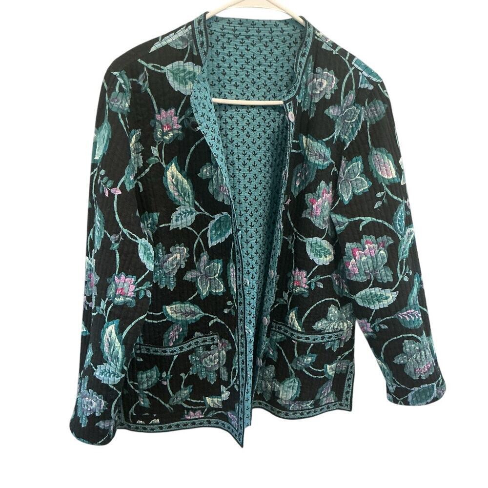 Womens Reversible Quilted Jacket Boho Cottagecore Farmhouse Tapestry Floral Teal